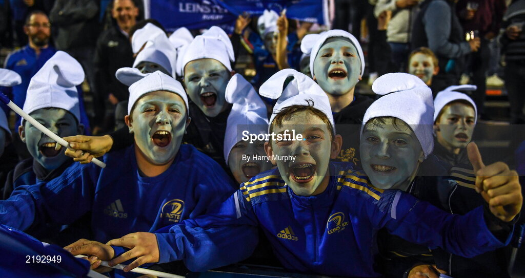 26 March 2022; Leinster supporters from Malahide Rugby Club dressed as Smurfs show their support before the United Rugby Championship match between Connacht and Leinster at the Sportsground in Galway. Photo by Harry Murphy/Sportsfile