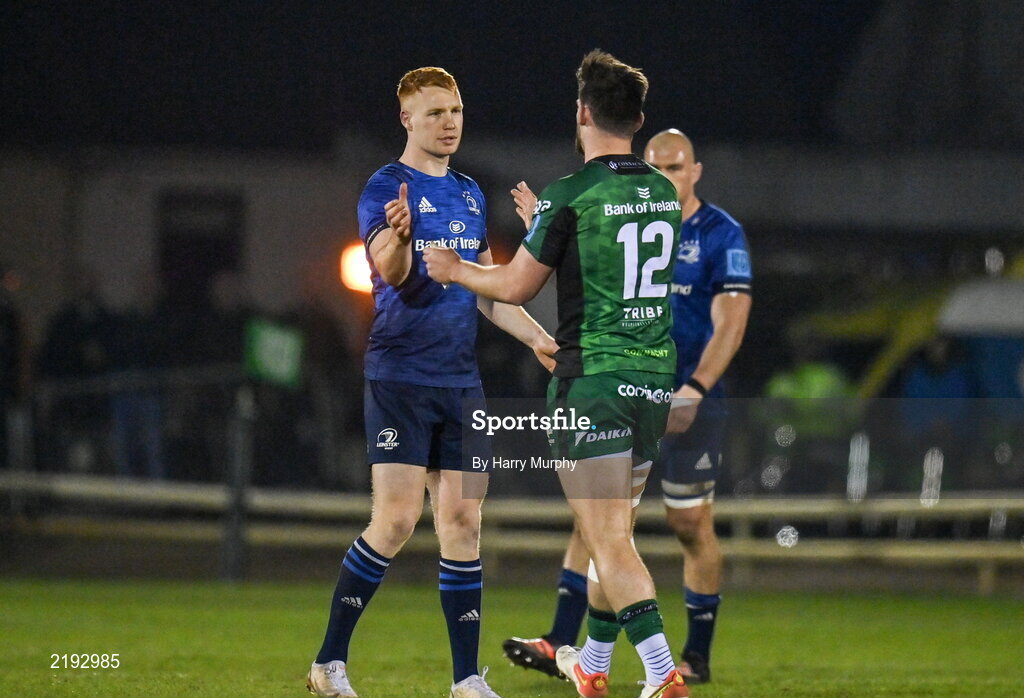 26 March 2022; Tom Daly of Connacht goes to Ciarán Frawley of Leinster after receiving a red card during the United Rugby Championship match between Connacht and Leinster at the Sportsground in Galway. Photo by Harry Murphy/Sportsfile