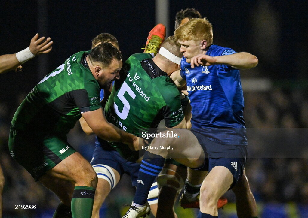26 March 2022; Tommy O'Brien of Leinster tackles Niall Murray of Connacht resulting in a yellow card during the United Rugby Championship match between Connacht and Leinster at the Sportsground in Galway. Photo by Harry Murphy/Sportsfile