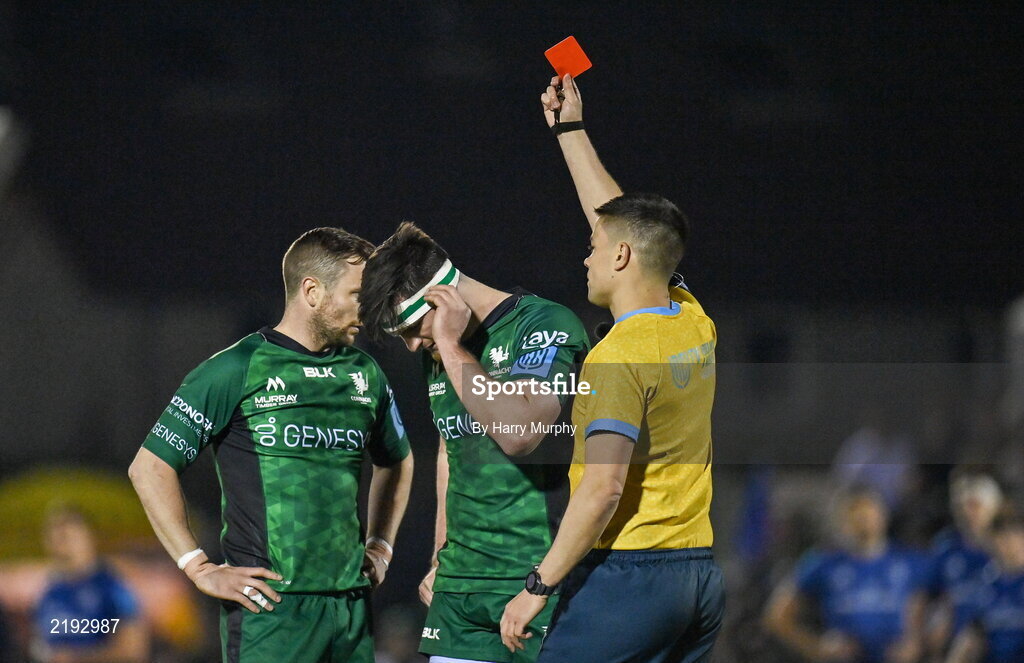 26 March 2022; Tom Daly of Connacht, centre, receives a red card from referee Chris Busby during the United Rugby Championship match between Connacht and Leinster at the Sportsground in Galway. Photo by Harry Murphy/Sportsfile