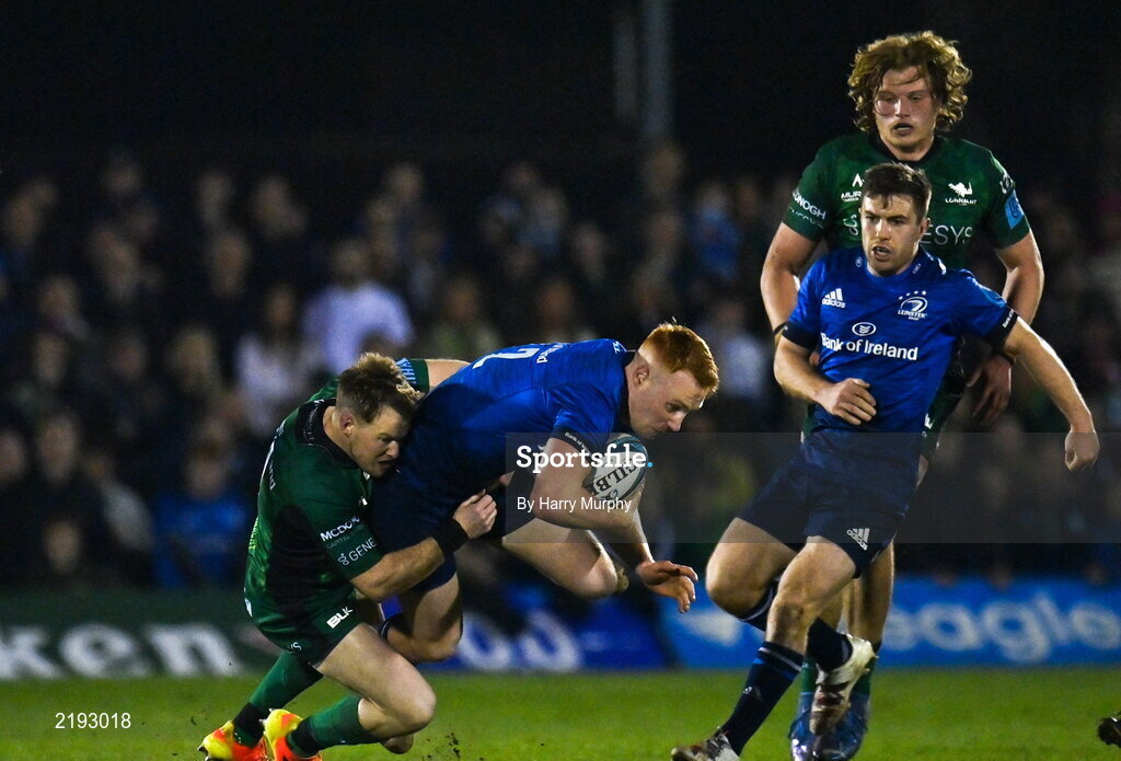26 March 2022; Ciarán Frawley of Leinster is tackled by Kieron Marmion of Connacht during the United Rugby Championship match between Connacht and Leinster at the Sportsground in Galway. Photo by Harry Murphy/Sportsfile