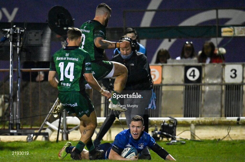 26 March 2022; Rory O'Loughlin of Leinster celebrates after scoring his side's first try during the United Rugby Championship match between Connacht and Leinster at the Sportsground in Galway. Photo by Harry Murphy/Sportsfile