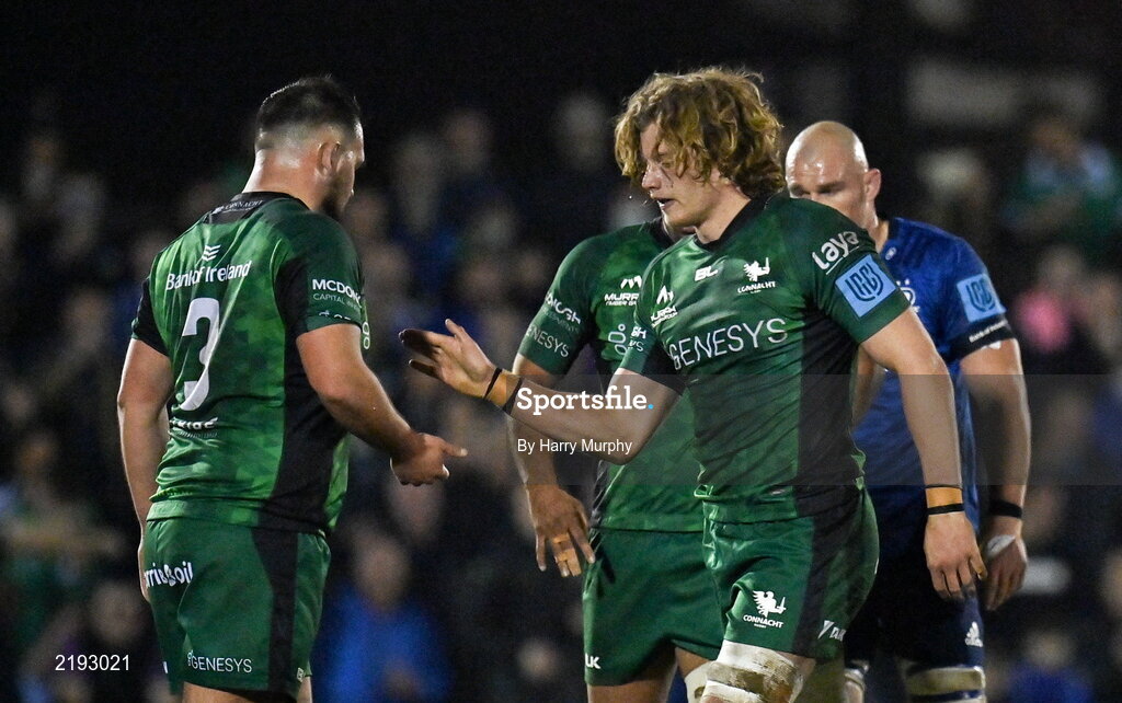 26 March 2022; Cian Prendergast, right, and Jack Aungier of Connacht celebrate a turnover during the United Rugby Championship match between Connacht and Leinster at the Sportsground in Galway. Photo by Harry Murphy/Sportsfile