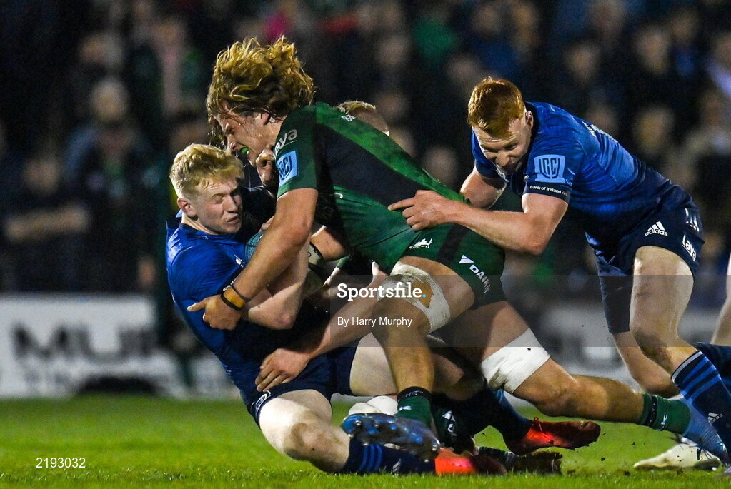 26 March 2022; Jamie Osborne of Leinster is tackled by Cian Prendergast of Connacht during the United Rugby Championship match between Connacht and Leinster at the Sportsground in Galway. Photo by Harry Murphy/Sportsfile
