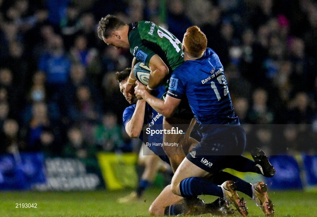 26 March 2022; John Porch of Connacht is tackled by Ross Byrne and Ciarán Frawley of Leinster resulting in Ciarán Frawley going off for a  head injury assessment during the United Rugby Championship match between Connacht and Leinster at the Sportsground in Galway. Photo by Harry Murphy/Sportsfile