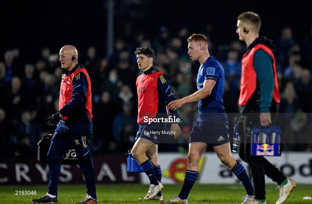 26 March 2022; Ciarán Frawley of Leinster leaves the pitch for a head injury assessment during the United Rugby Championship match between Connacht and Leinster at the Sportsground in Galway. Photo by Harry Murphy/Sportsfile
