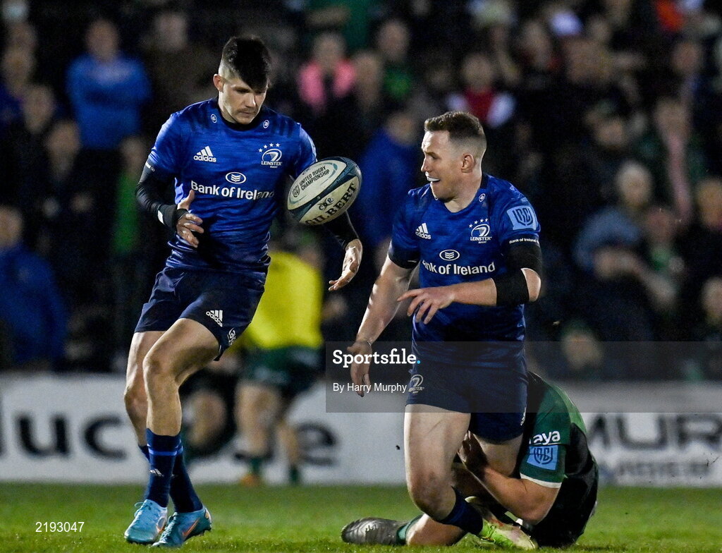 26 March 2022; Rory O'Loughlin of Leinster offloads to teammate Chris Cosgrave during the United Rugby Championship match between Connacht and Leinster at the Sportsground in Galway. Photo by Harry Murphy/Sportsfile