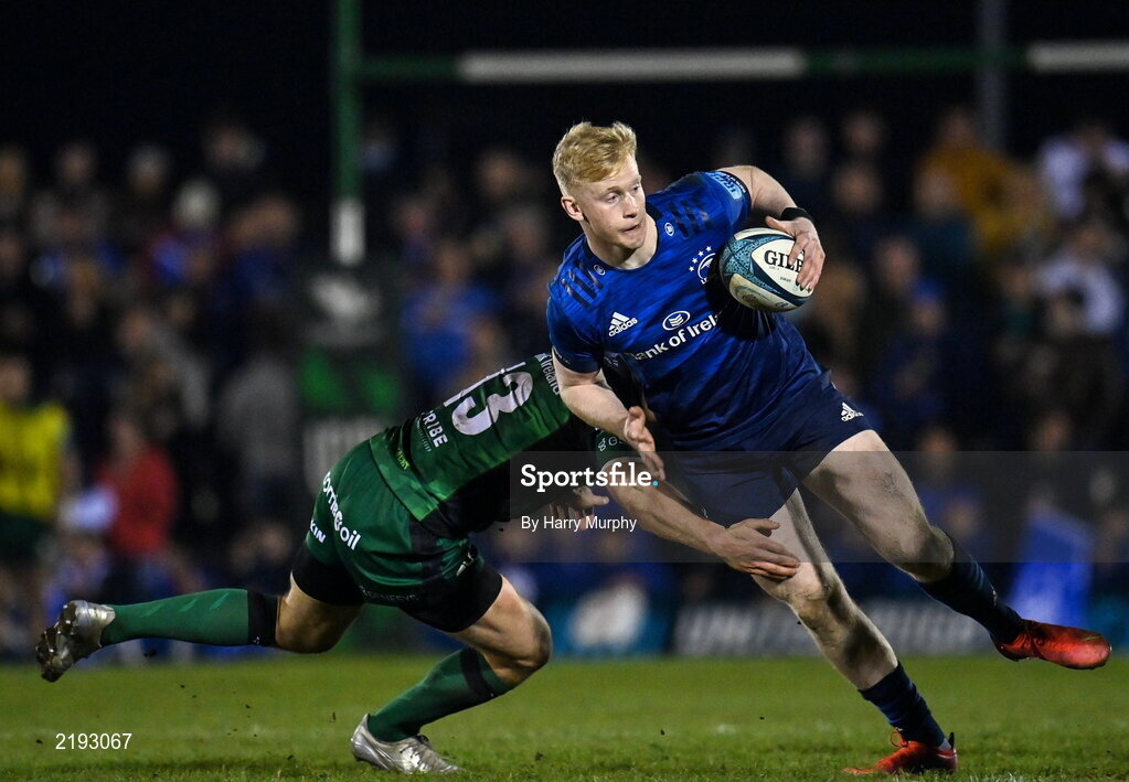 26 March 2022; Jamie Osborne of Leinster is tackled by Tom Farrell of Connacht during the United Rugby Championship match between Connacht and Leinster at the Sportsground in Galway. Photo by Harry Murphy/Sportsfile