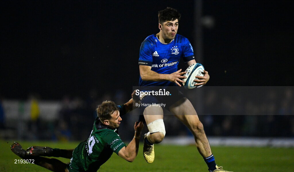 26 March 2022; Jimmy O'Brien of Leinster is tackled by John Porch of Connachtduring the United Rugby Championship match between Connacht and Leinster at the Sportsground in Galway. Photo by Harry Murphy/Sportsfile