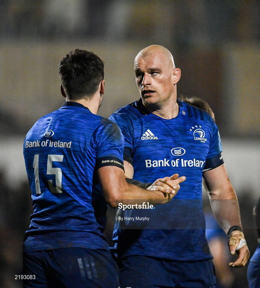 26 March 2022; Rhys Ruddock, right, and Jimmy O'Brien of Leinster celebrate their side's second try during the United Rugby Championship match between Connacht and Leinster at the Sportsground in Galway. Photo by Harry Murphy/Sportsfile