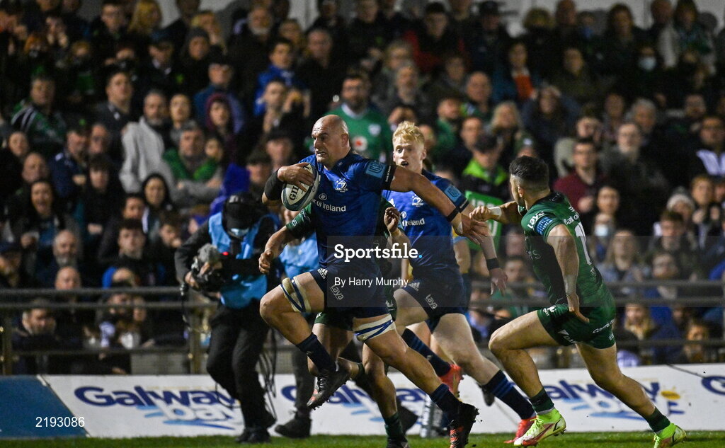 26 March 2022; Rhys Ruddock of Leinster makes a break during the United Rugby Championship match between Connacht and Leinster at the Sportsground in Galway. Photo by Harry Murphy/Sportsfile