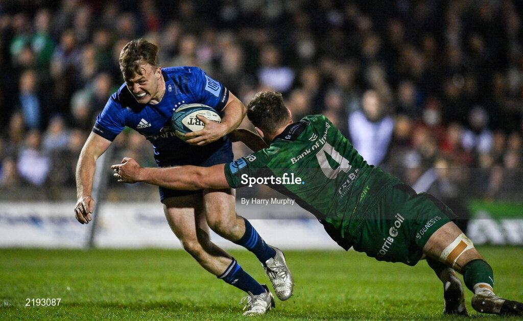 26 March 2022; David Hawkshaw of Leinster evades the tackle of Oisin Dowling of Connacht on his way to scoring his side's second try during the United Rugby Championship match between Connacht and Leinster at the Sportsground in Galway. Photo by Harry Murphy/Sportsfile