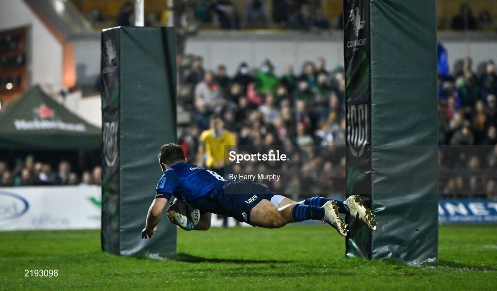 26 March 2022; Luke McGrath of Leinster dives over to score his side's third try during the United Rugby Championship match between Connacht and Leinster at the Sportsground in Galway. Photo by Harry Murphy/Sportsfile
