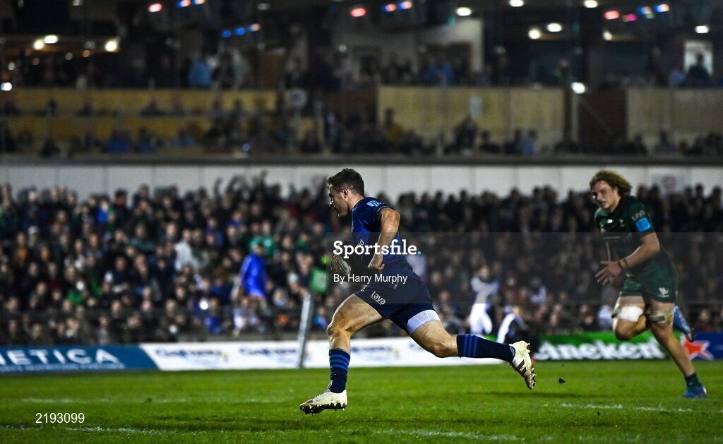 26 March 2022; Luke McGrath of Leinster on his way to scoring his side's third try during the United Rugby Championship match between Connacht and Leinster at the Sportsground in Galway. Photo by Harry Murphy/Sportsfile