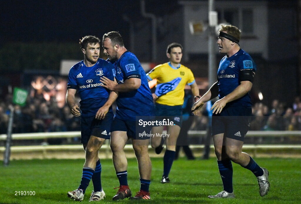 26 March 2022; Luke McGrath of Leinster, left, celebrates after scoring his side's third try with teammates Ed Byrne and James Tracy during the United Rugby Championship match between Connacht and Leinster at the Sportsground in Galway. Photo by Harry Murphy/Sportsfile