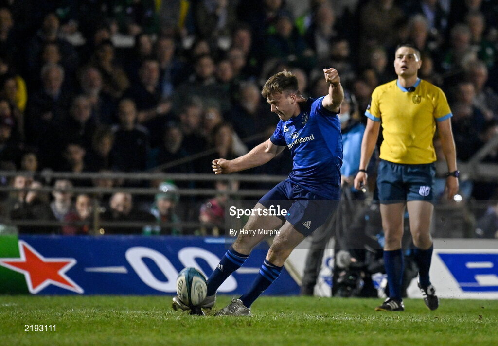 26 March 2022; David Hawkshaw of Leinster kicks a conversion during the United Rugby Championship match between Connacht and Leinster at the Sportsground in Galway. Photo by Harry Murphy/Sportsfile