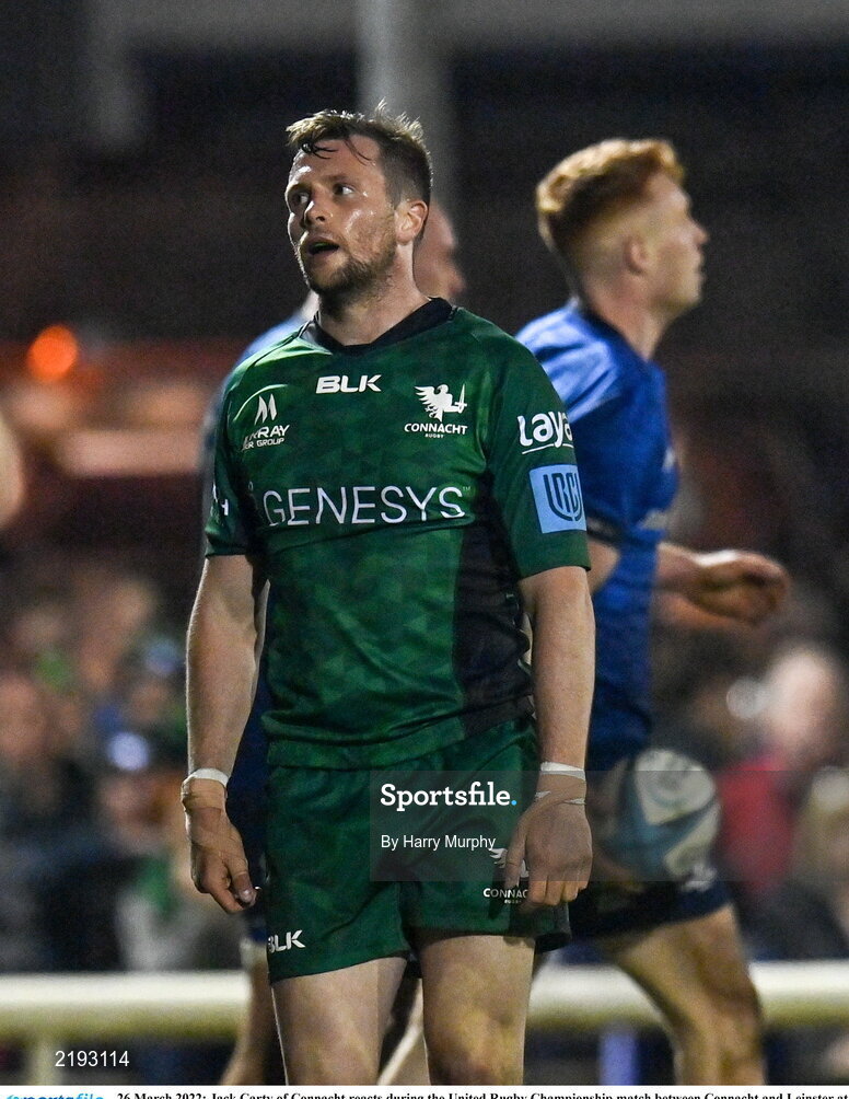 26 March 2022; Jack Carty of Connacht reacts during the United Rugby Championship match between Connacht and Leinster at the Sportsground in Galway. Photo by Harry Murphy/Sportsfile