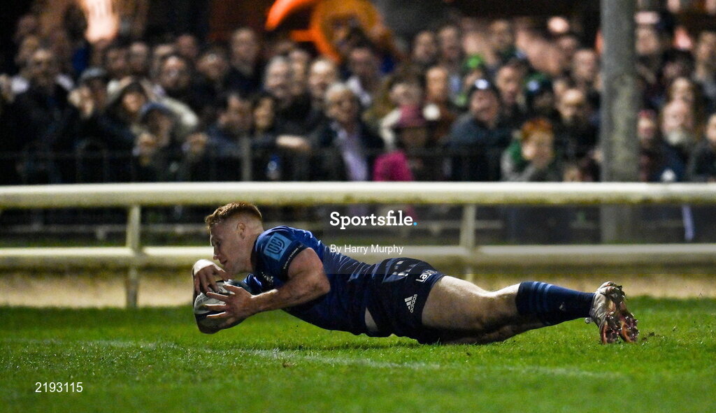 26 March 2022; Ciarán Frawley of Leinster dives over to score his side's fourth try during the United Rugby Championship match between Connacht and Leinster at the Sportsground in Galway. Photo by Harry Murphy/Sportsfile