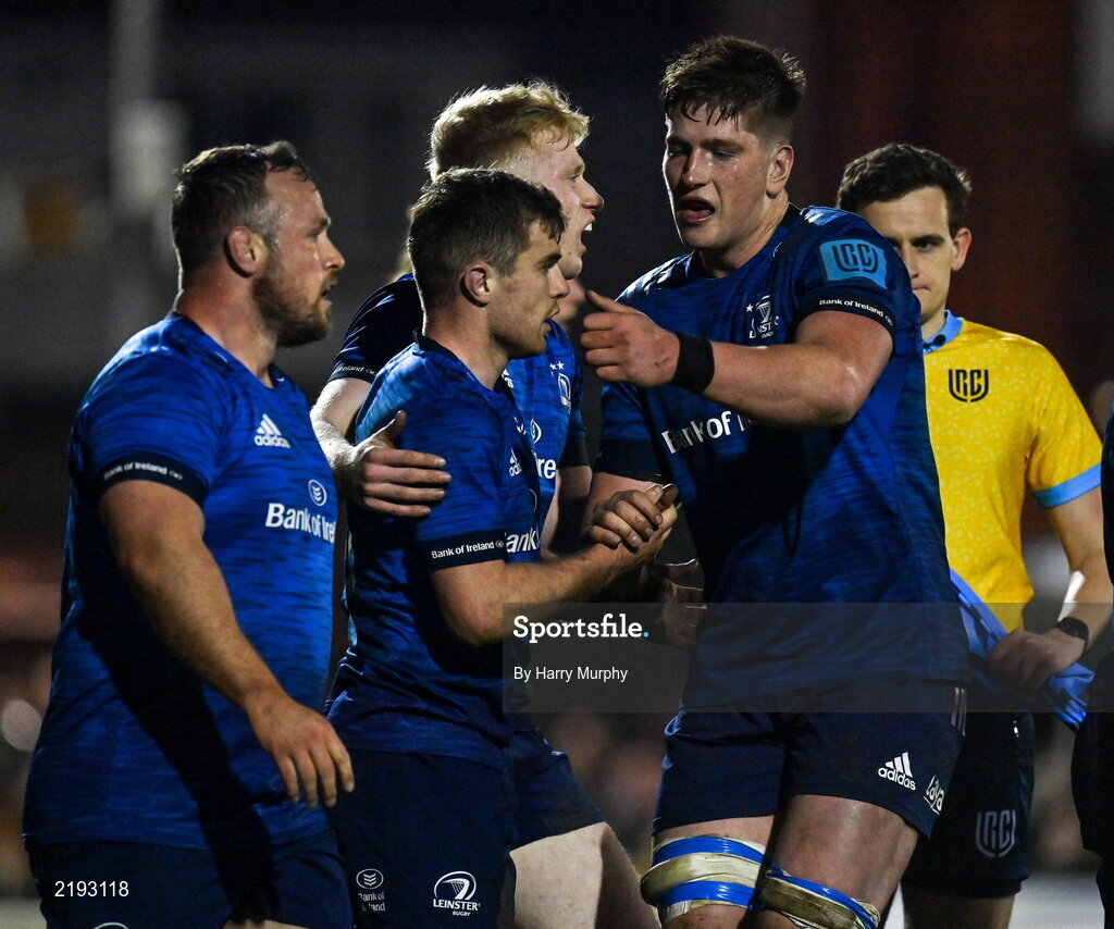 26 March 2022; Luke McGrath of Leinster, second left, celebrates after scoring his side's third try with teammates including Joe McCarthy during the United Rugby Championship match between Connacht and Leinster at the Sportsground in Galway. Photo by Harry Murphy/Sportsfile