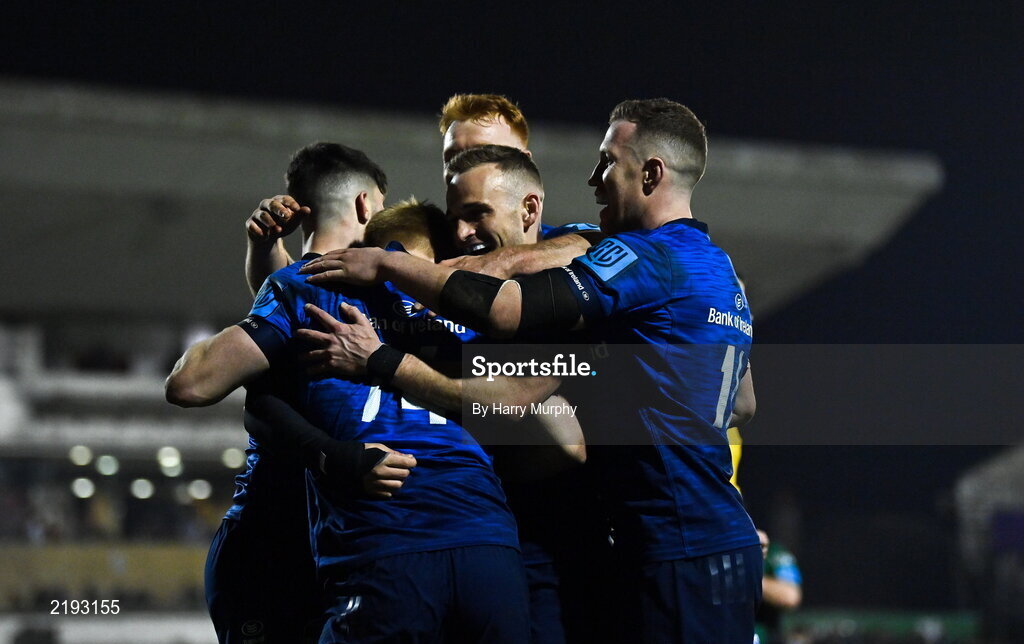 26 March 2022; Tommy O'Brien of Leinster celebrates after scoring his side's seventh try with teammates during the United Rugby Championship match between Connacht and Leinster at the Sportsground in Galway. Photo by Harry Murphy/Sportsfile
