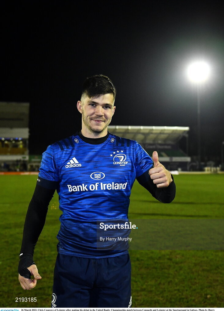 26 March 2022; Chris Cosgrave of Leinster after making his debut in the United Rugby Championship match between Connacht and Leinster at the Sportsground in Galway. Photo by Harry Murphy/Sportsfile