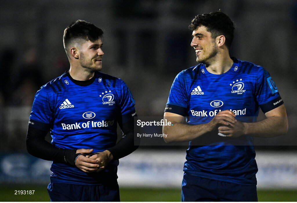 26 March 2022; Chris Cosgrave and Jimmy O'Brien of Leinster after their side's victory in the United Rugby Championship match between Connacht and Leinster at the Sportsground in Galway. Photo by Harry Murphy/Sportsfile