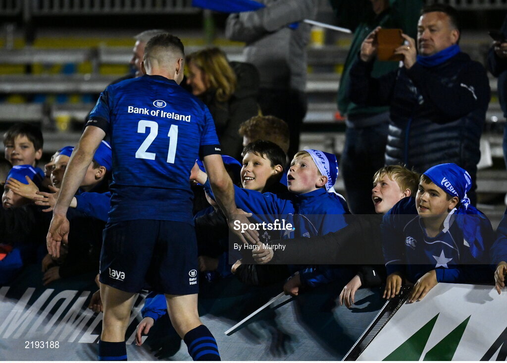 26 March 2022; Leinster supporters high five Nick McCarthy of Leinster after the United Rugby Championship match between Connacht and Leinster at the Sportsground in Galway. Photo by Harry Murphy/Sportsfile
