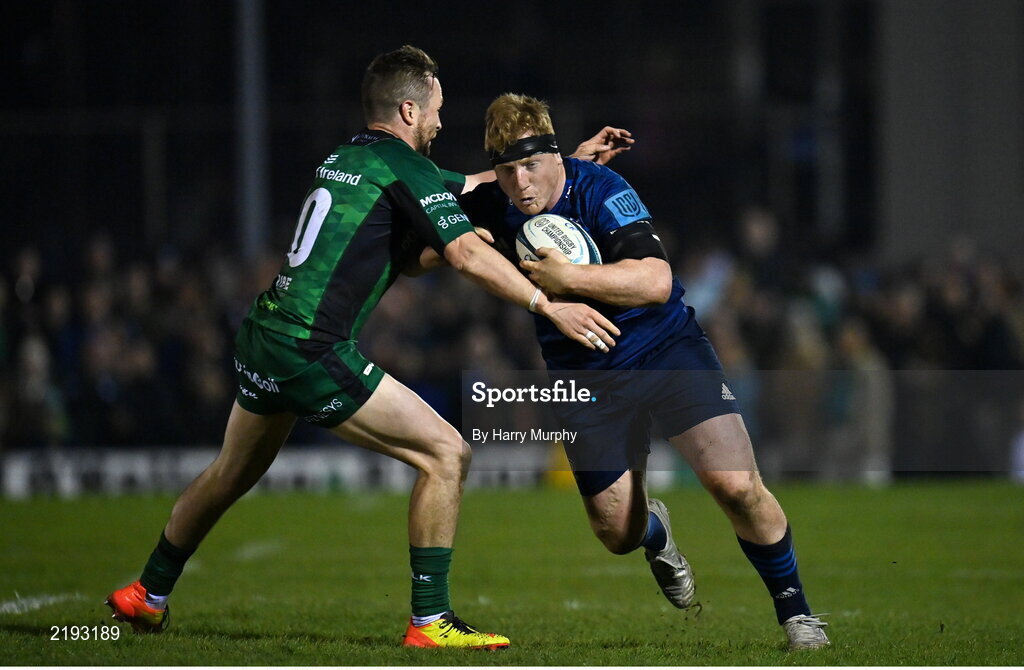 26 March 2022; James Tracy of Leinster is tackled by Jack Carty of Connacht during the United Rugby Championship match between Connacht and Leinster at the Sportsground in Galway. Photo by Harry Murphy/Sportsfile