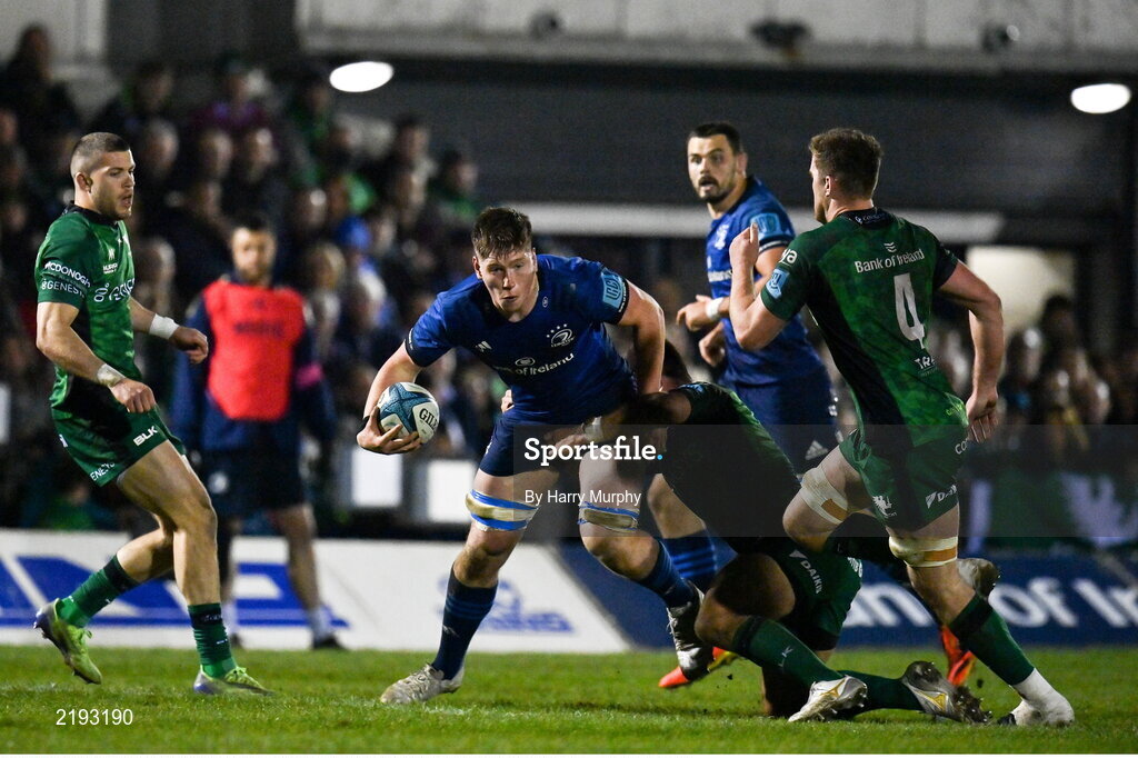26 March 2022; Joe McCarthy of Leinster makes a break during the United Rugby Championship match between Connacht and Leinster at the Sportsground in Galway. Photo by Harry Murphy/Sportsfile