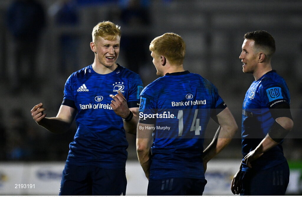 26 March 2022; Leinster players, from left, Jamie Osborne, Tommy O'Brien and Rory O'Loughlin after their side's victory in the United Rugby Championship match between Connacht and Leinster at the Sportsground in Galway. Photo by Harry Murphy/Sportsfile