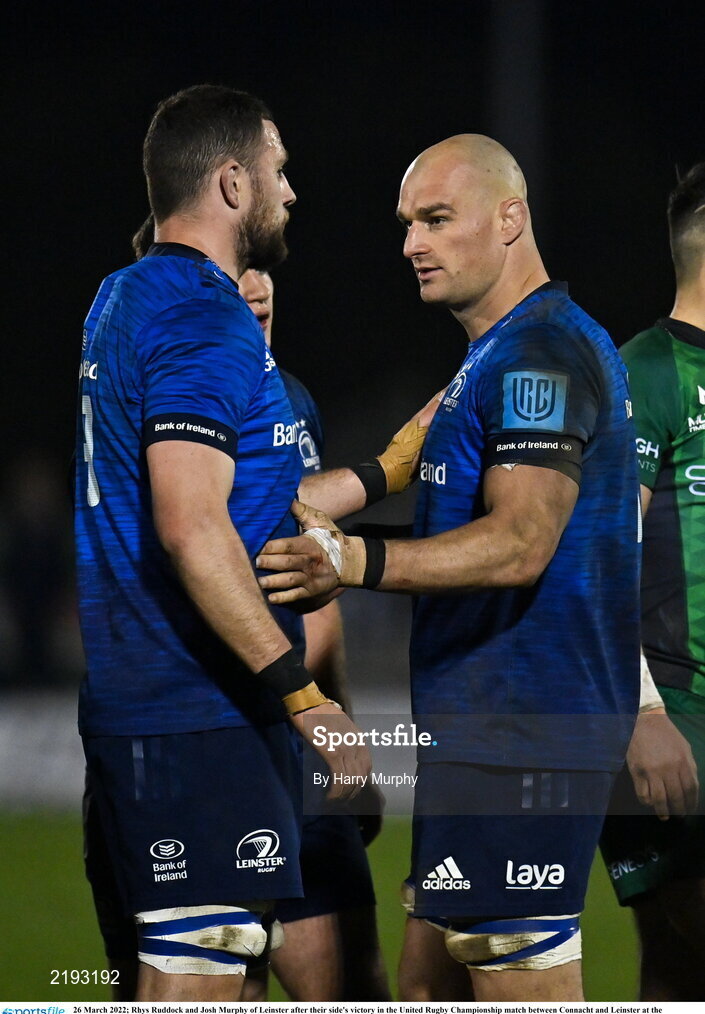 26 March 2022; Rhys Ruddock and Josh Murphy of Leinster after their side's victory in the United Rugby Championship match between Connacht and Leinster at the Sportsground in Galway. Photo by Harry Murphy/Sportsfile