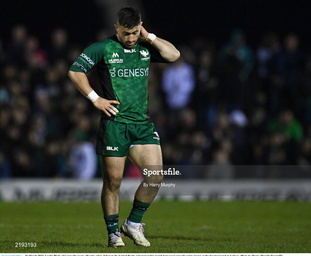 26 March 2022; Caolin Blade of Connacht reacts after his side's defeat in the United Rugby Championship match between Connacht and Leinster at the Sportsground in Galway. Photo by Harry Murphy/Sportsfile