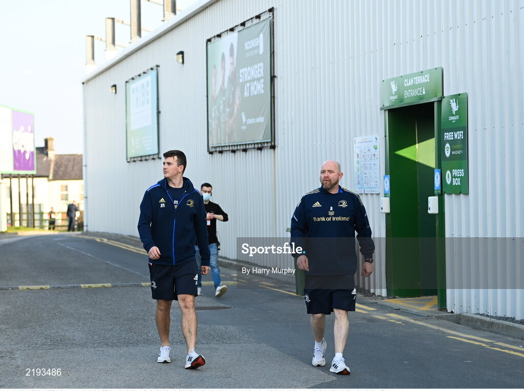 26 March 2022; Leinster sports scientist Jack O'Brien and senior kitman Jim Bastick before the United Rugby Championship match between Connacht and Leinster at the Sportsground in Galway. Photo by Harry Murphy/Sportsfile