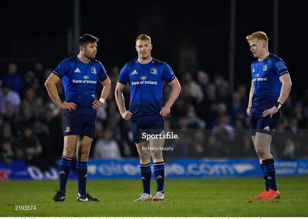 26 March 2022; Leinster players, from left, Ross Byrne, Ciarán Frawley and Jamie Osborne during the United Rugby Championship match between Connacht and Leinster at the Sportsground in Galway. Photo by Harry Murphy/Sportsfile
