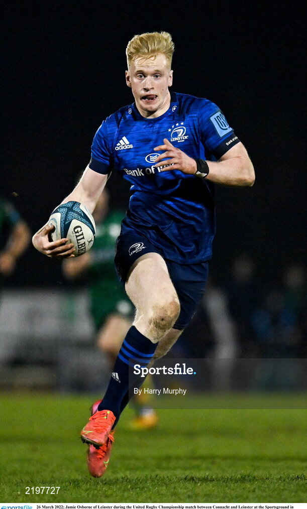 26 March 2022; Jamie Osborne of Leinster during the United Rugby Championship match between Connacht and Leinster at the Sportsground in Galway. Photo by Harry Murphy/Sportsfile