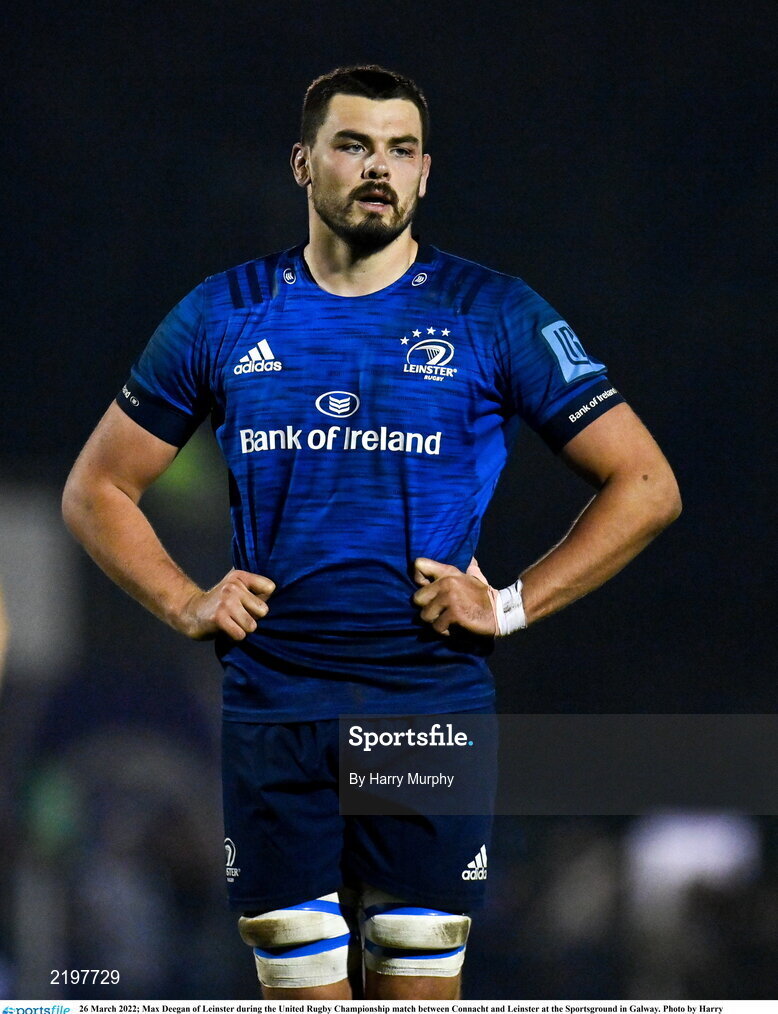 26 March 2022; Max Deegan of Leinster during the United Rugby Championship match between Connacht and Leinster at the Sportsground in Galway. Photo by Harry Murphy/Sportsfile