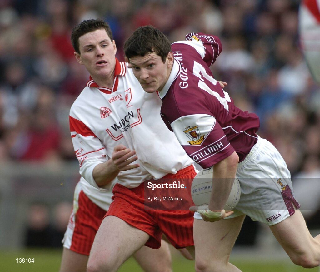 25 April 2004; Michael Meehan, Galway, in action against Conor Gormley, Tyrone. Allianz Football League 2004, Semi-Final Replay, Galway v Tyrone, Pearse Stadium, Galway. Picture credit; Ray McManus / SPORTSFILE *EDI*