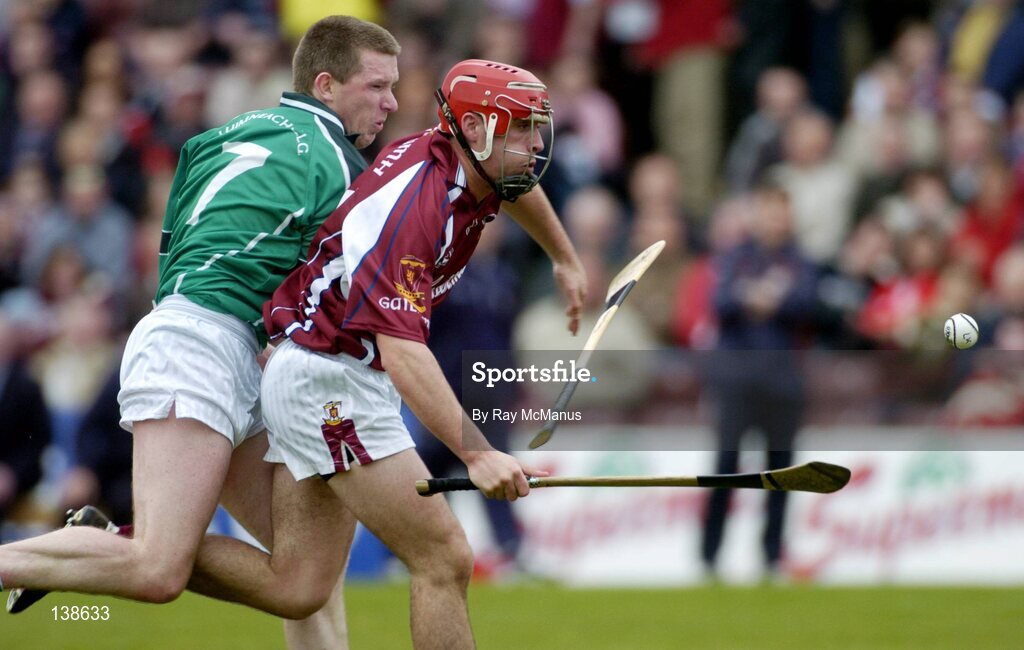 25 April 2004; Alan Kerins, Galway, in action against Mark Foley, Limerick. Allianz Hurling League 2004, Round 3, Division 1, Galway v Limerick, Pearse Stadium, Galway. Picture credit; Ray McManus / SPORTSFILE *EDI*