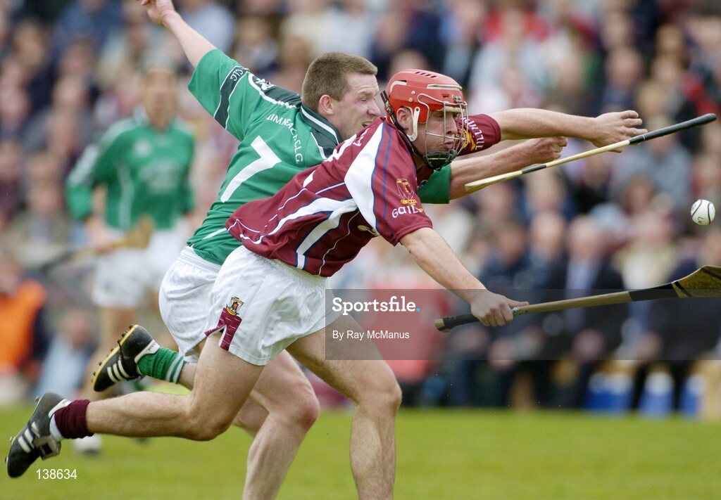 25 April 2004; Alan Kerins, Galway, in action against Mark Foley, Limerick. Allianz Hurling League 2004, Round 3, Division 1, Galway v Limerick, Pearse Stadium, Galway. Picture credit; Ray McManus / SPORTSFILE *EDI*