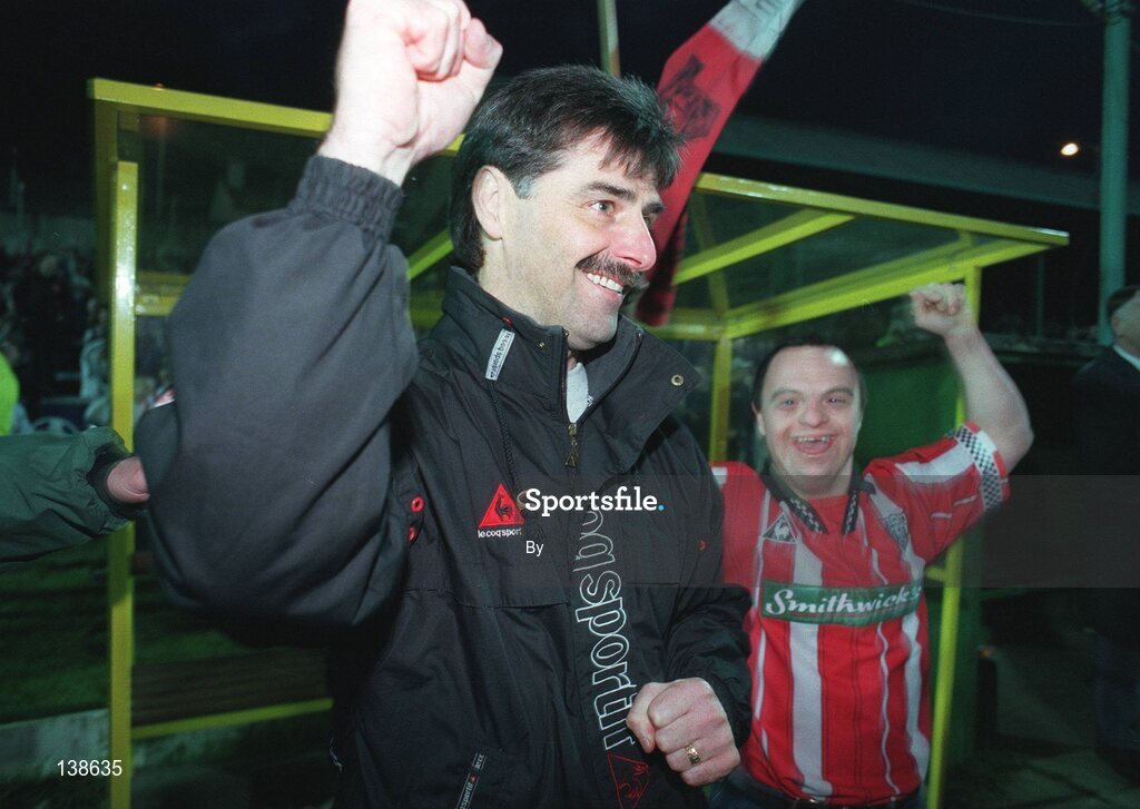 19 April 1997; Derry City manager Felix Healy celebrates winning the league title. Brandywell, Derry. Soccer. Picture credit; David Maher / SPORTSFILE
