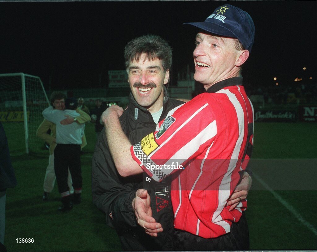 19 April 1997; Derry City manager Felix Healy, left, celebrates winning the league title with Paul Curran. Brandywell, Derry. Soccer. Picture credit; David Maher / SPORTSFILE