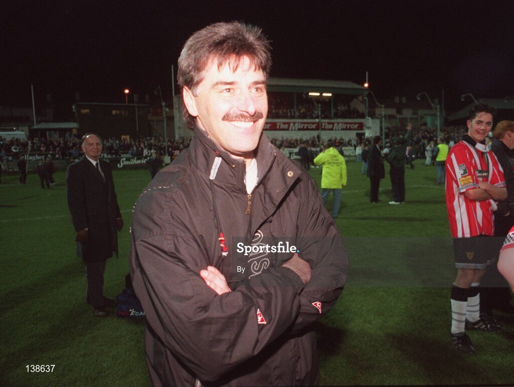 19 April 1997; Derry City manager Felix Healy celebrates winning the league title. Brandywell, Derry. Soccer. Picture credit; David Maher / SPORTSFILE