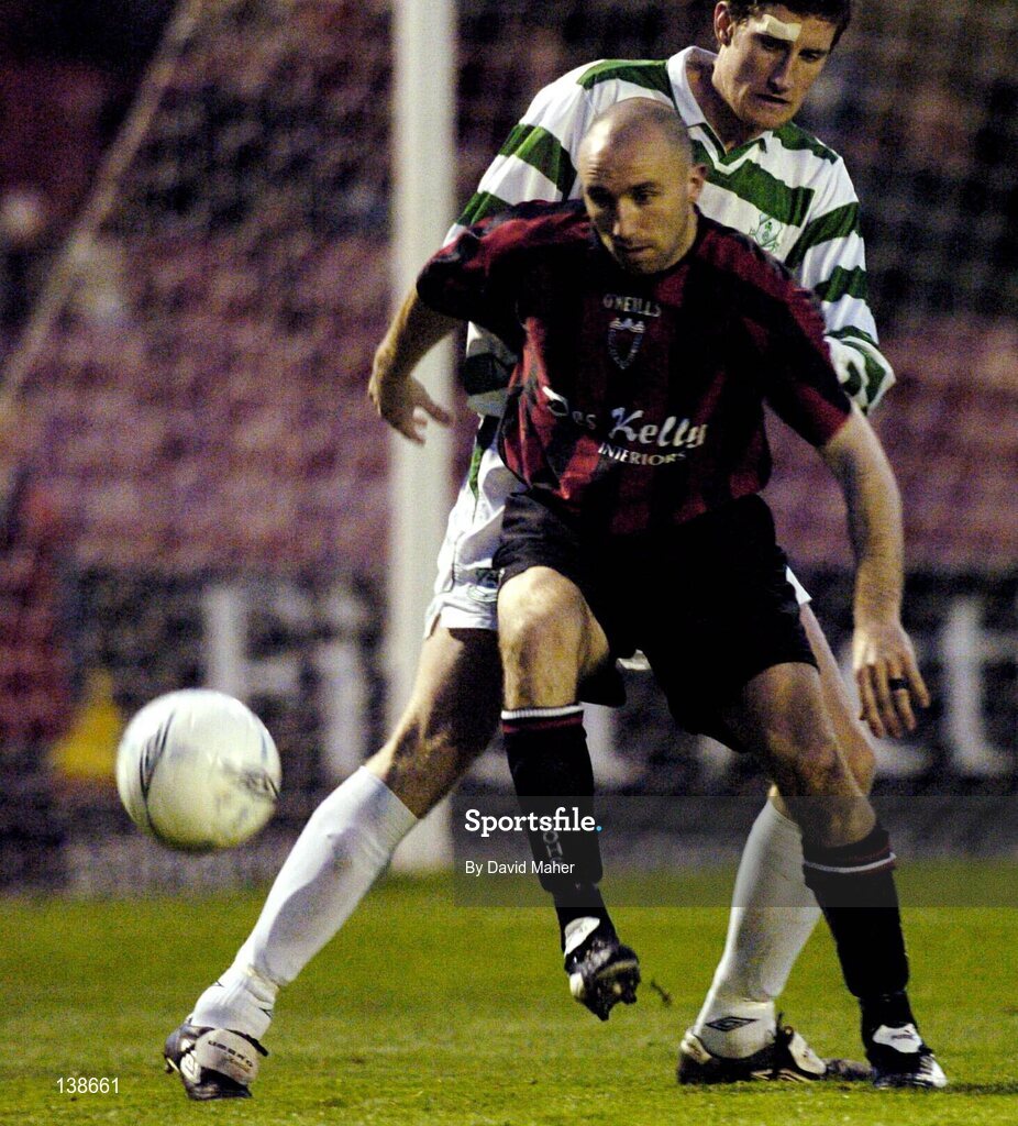 16 April 2004; Tony Grant, Bohemians, in action against Jason McGuinness, Shamrock Rovers. eircom league, Premier Division, Bohemians v Shamrock Rovers, Dalymount Park, Dublin. Picture credit; David Maher / SPORTSFILE *EDI*
