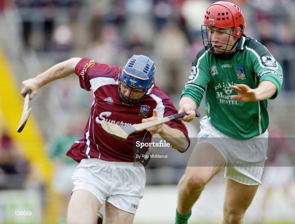 25 April 2004; Damien Hayes, Galway, in action against Brian Carroll, Limerick. Allianz Hurling League 2004, Round 3, Division 1, Galway v Limerick, Pearse Stadium, Galway. Picture credit; Ray McManus / SPORTSFILE *EDI*