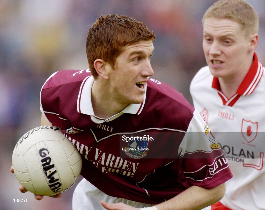 25 April 2004; Kieran Fitzgerald, Galway, in action against Colm McCullagh, Tyrone. Allianz Football League 2004, Semi-Final Replay, Galway v Tyrone, Pearse Stadium, Galway. Picture credit; Brian Lawless / SPORTSFILE *EDI*