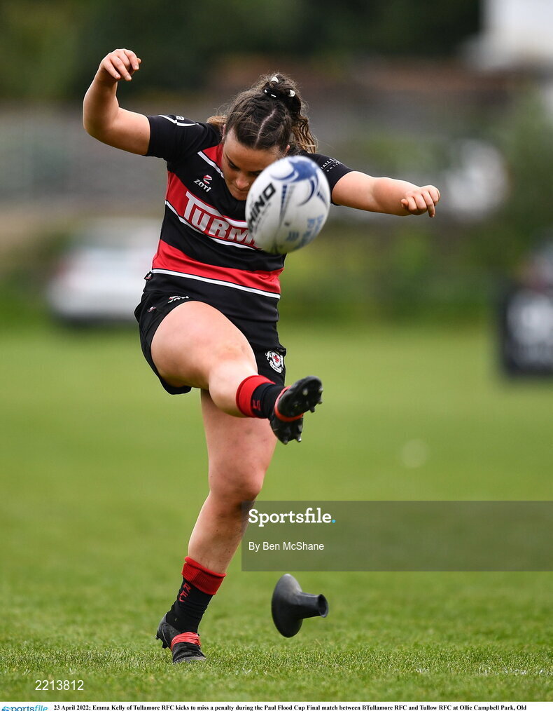 23 April 2022; Emma Kelly of Tullamore RFC kicks to miss a penalty during the Paul Flood Cup Final match between BTullamore RFC and Tullow RFC at Ollie Campbell Park, Old Belvedere RFC in Dublin. Photo by Ben McShane/Sportsfile