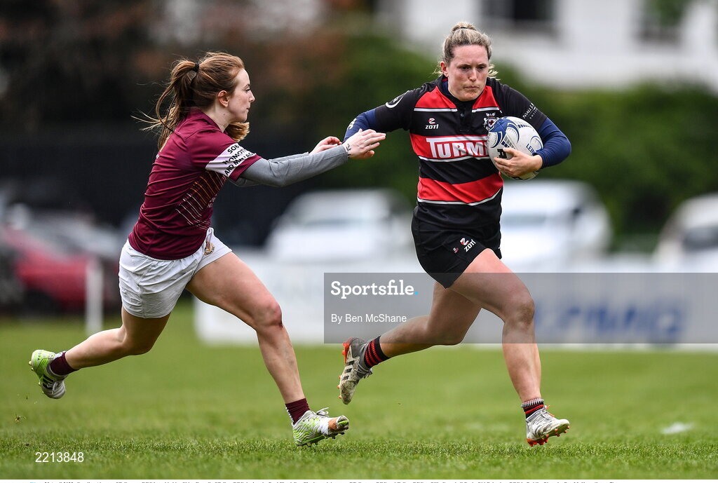 23 April 2022; Caroline Aherne of Tullamore RFC is tackled by Chloe Farrell of Tullow RFC during the Paul Flood Cup Final match between BTullamore RFC and Tullow RFC at Ollie Campbell Park, Old Belvedere RFC in Dublin. Photo by Ben McShane/Sportsfile