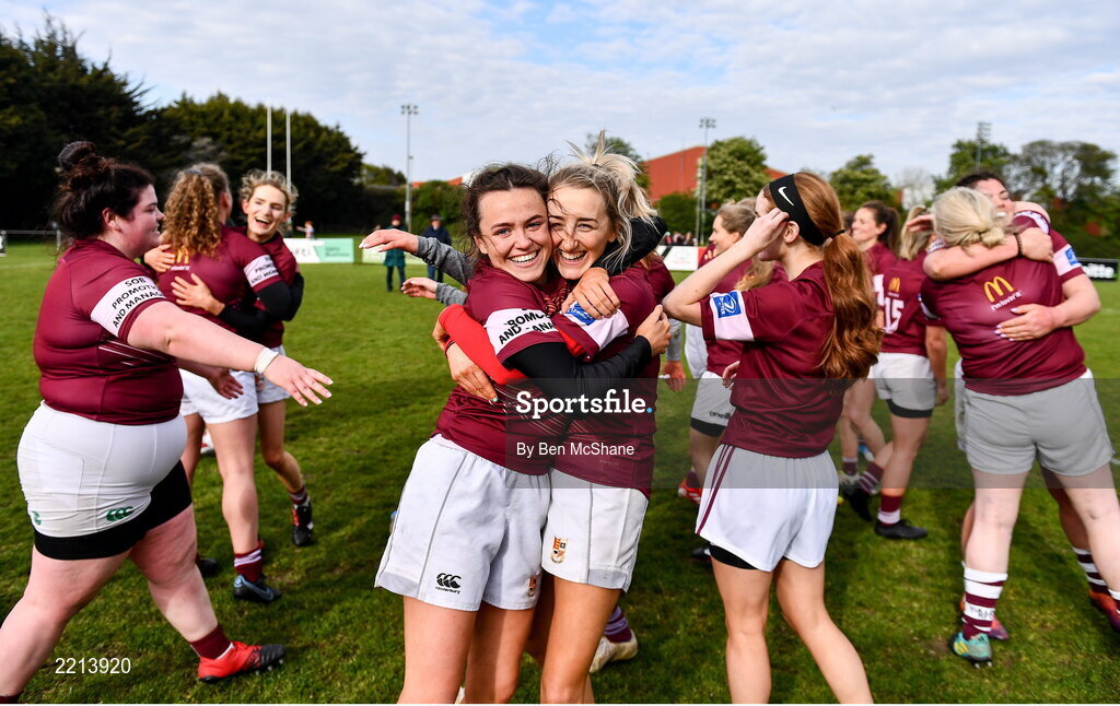 23 April 2022; Tullow RFC players Alice Carroll, left, and Lisa O'Toole celebrate after the Paul Flood Cup Final match between BTullamore RFC and Tullow RFC at Ollie Campbell Park, Old Belvedere RFC in Dublin. Photo by Ben McShane/Sportsfile