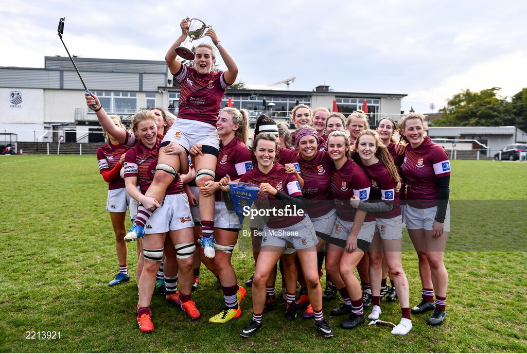 23 April 2022; Tullow RFC players lift captain Lana Brennan as they celebrate their victory in the Paul Flood Cup Final match between BTullamore RFC and Tullow RFC at Ollie Campbell Park, Old Belvedere RFC in Dublin. Photo by Ben McShane/Sportsfile