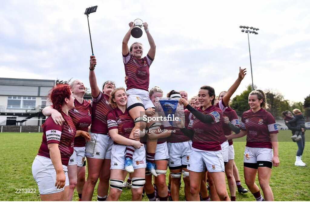 23 April 2022; Tullow RFC players lift captain Lana Brennan as they celebrate their victory in the Paul Flood Cup Final match between BTullamore RFC and Tullow RFC at Ollie Campbell Park, Old Belvedere RFC in Dublin. Photo by Ben McShane/Sportsfile